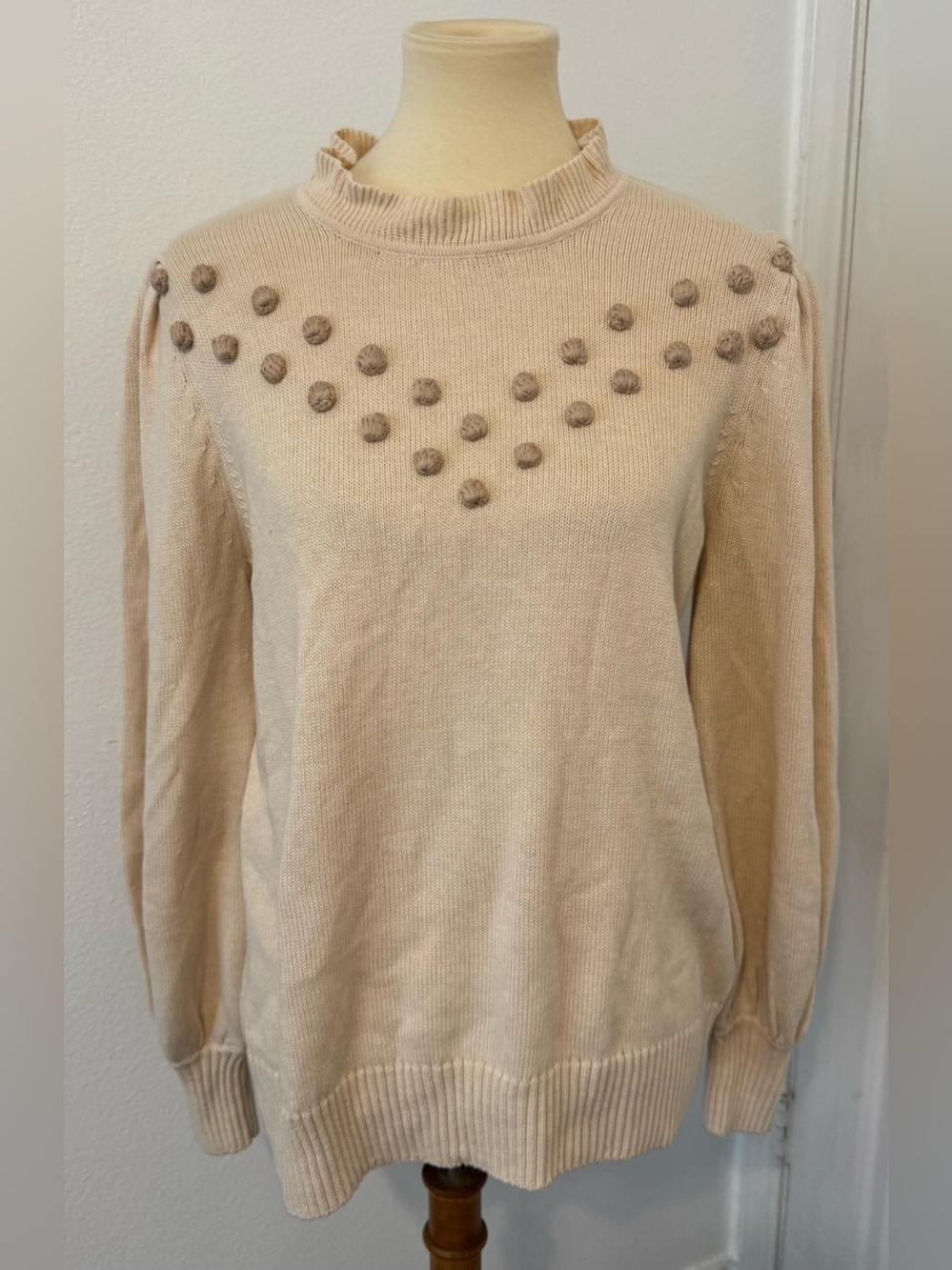 Summersalt The Year-Round Balloon Sleeve Pompom Sweater Ruffle Neck Soft Large